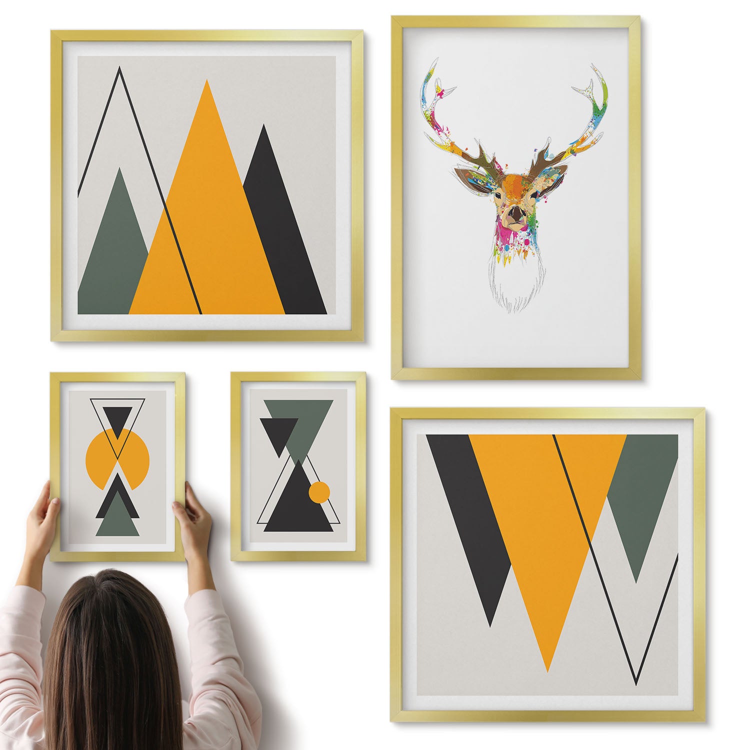 Galeria ścienna 5-częściowy komplet obrazów w złotych ramach - Styl boho z kolorowymi motywami zwierzęcymi i geometrycznymi - ArtPrintCave