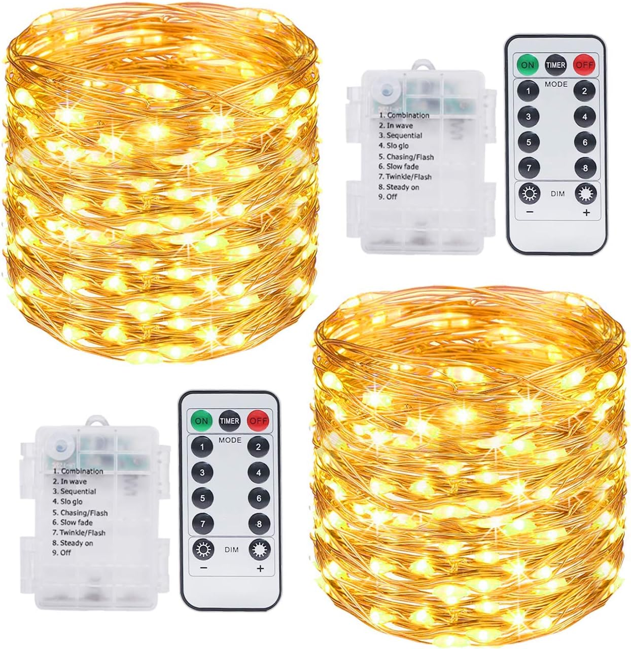 Girlanda świetlna, [Zestaw 2 szt.] Mini girlanda LED zewnętrzna na baterie wodoodporna 10M 100 LED jasna z pilotem dekoracja wewnętrzna (ciepła biel)