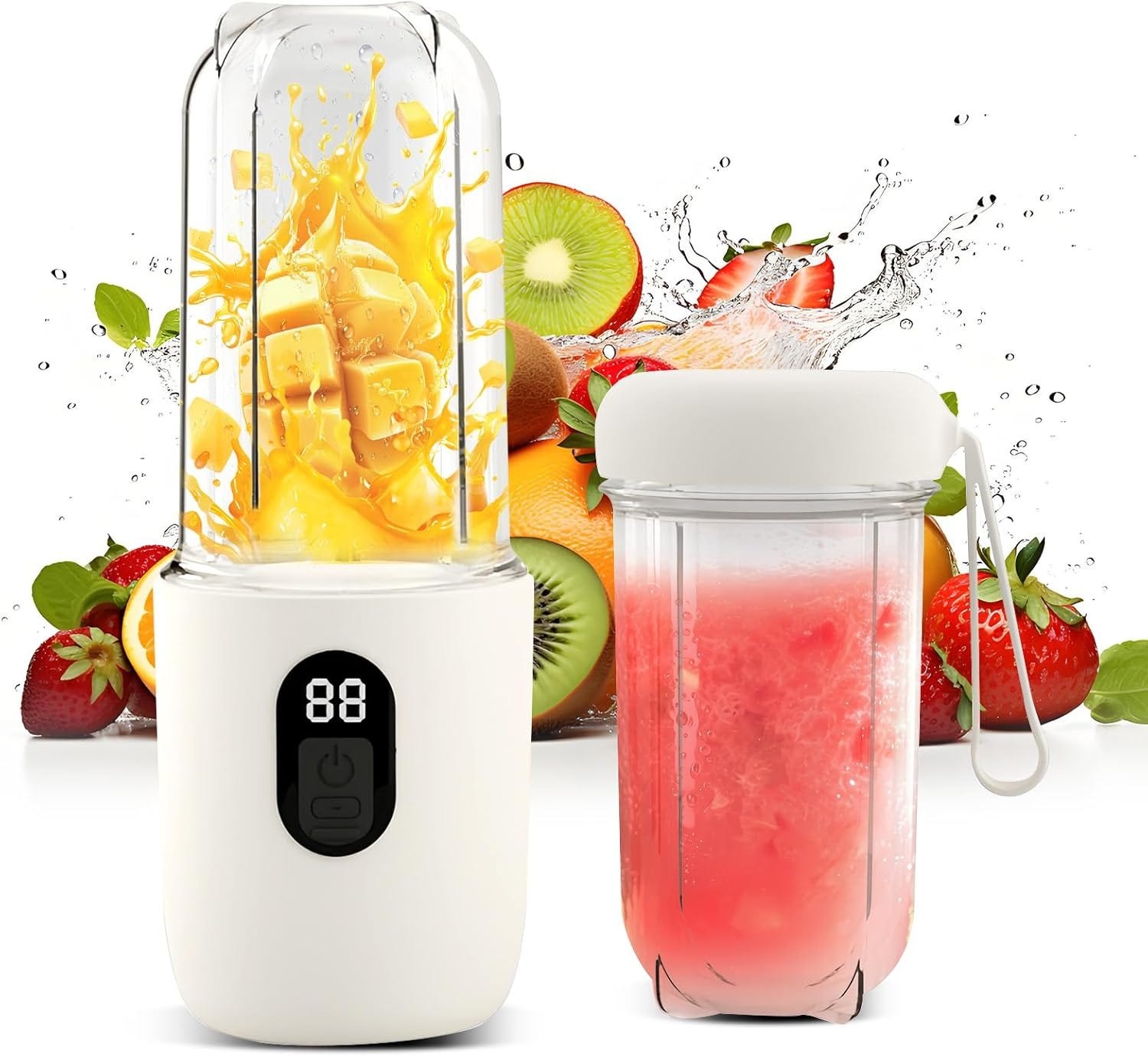Przenośny biały blender z wyświetlaczem cyfrowym - 500ml - 1500mAh - 40W - 16 ostrzy - USB-C - bezprzewodowy - idealny do biura, samochodu, na kemping