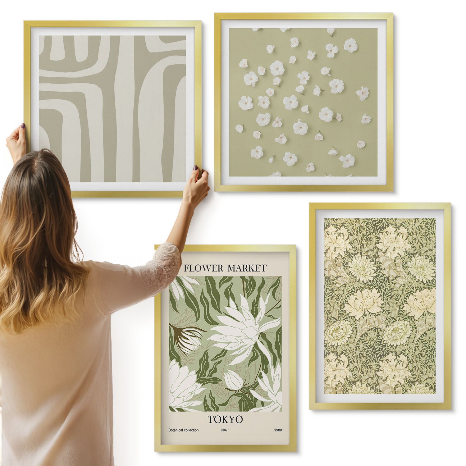 Galeria ścienna 4-częściowy komplet obrazów w złotych ramach - Boho kompozycje roślin w pastelowych barwach - ArtPrintCave