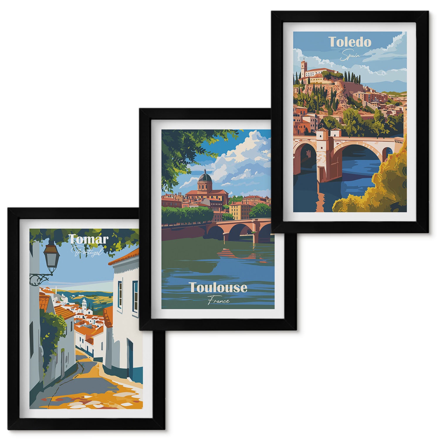 Zestaw obrazów w ramie - 3 części | Grafiki znanych miast w stylu retro | Czarna ramka