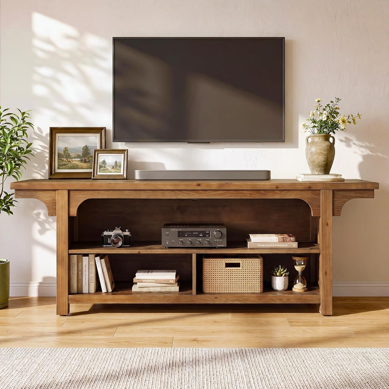 Tribesigns 160cm 3-przedsionkowa szafka TV z litego drewna do 70 cali, wiejska, mid-century, do salonu/sypialni, brąz vintage.