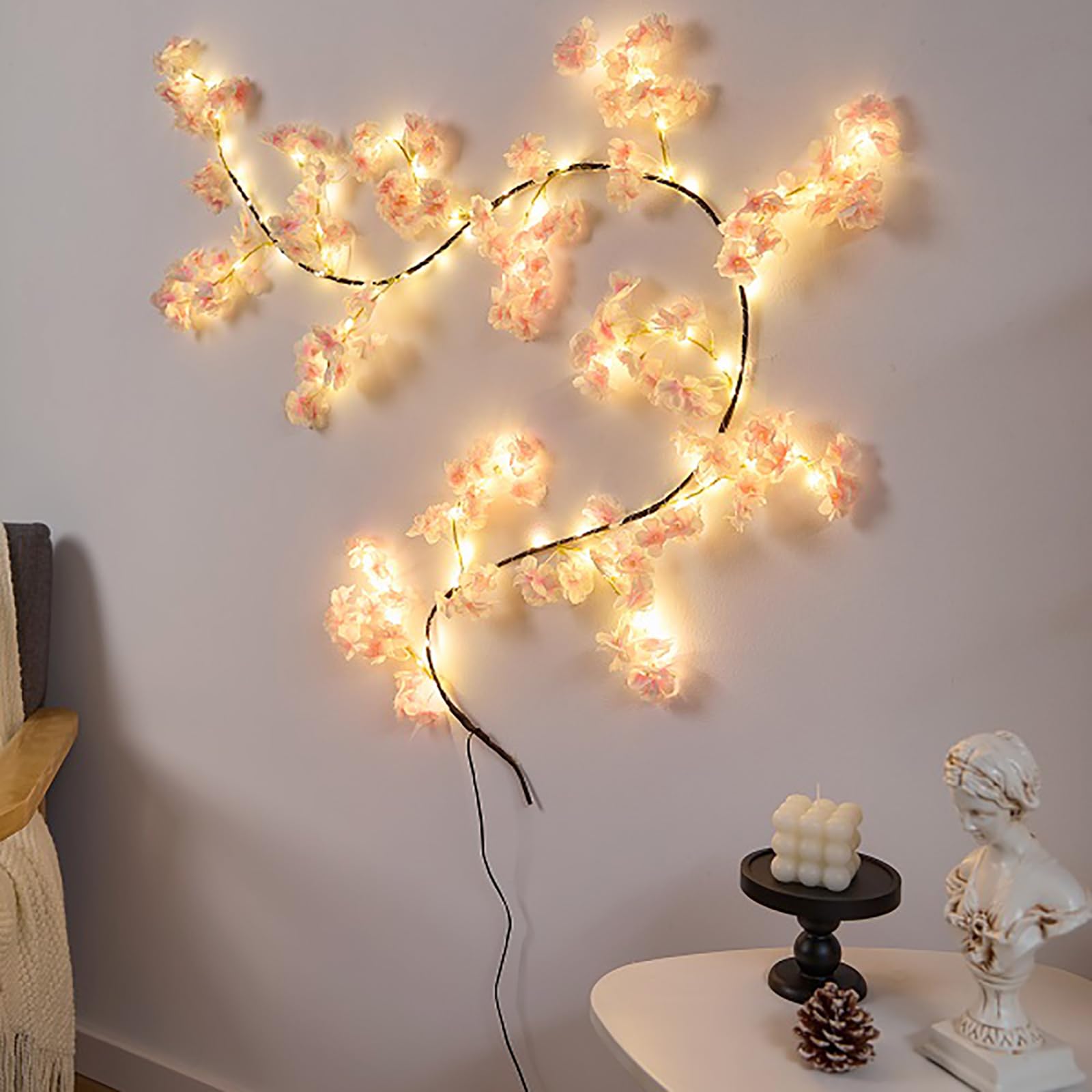 Sakura LED string light różowo-białe gałęzie i rattan zasilane przez USB oświetlenie świąteczne dekoracje ciepłe światło