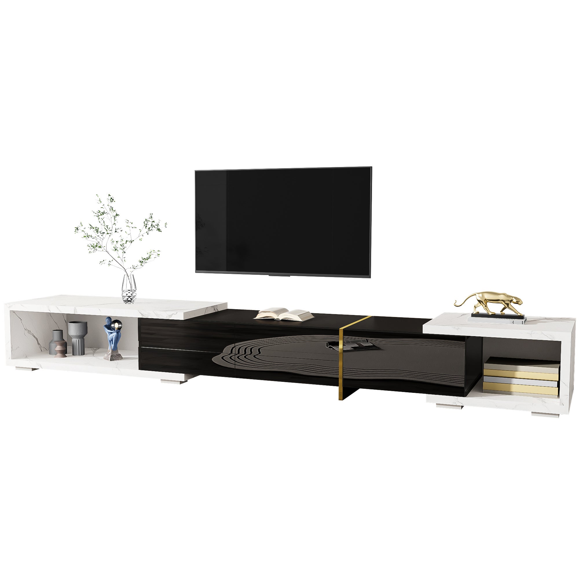Szafa TV o zmiennej długości 140-260 cm, biała marmur, czarny finish, złote akcenty