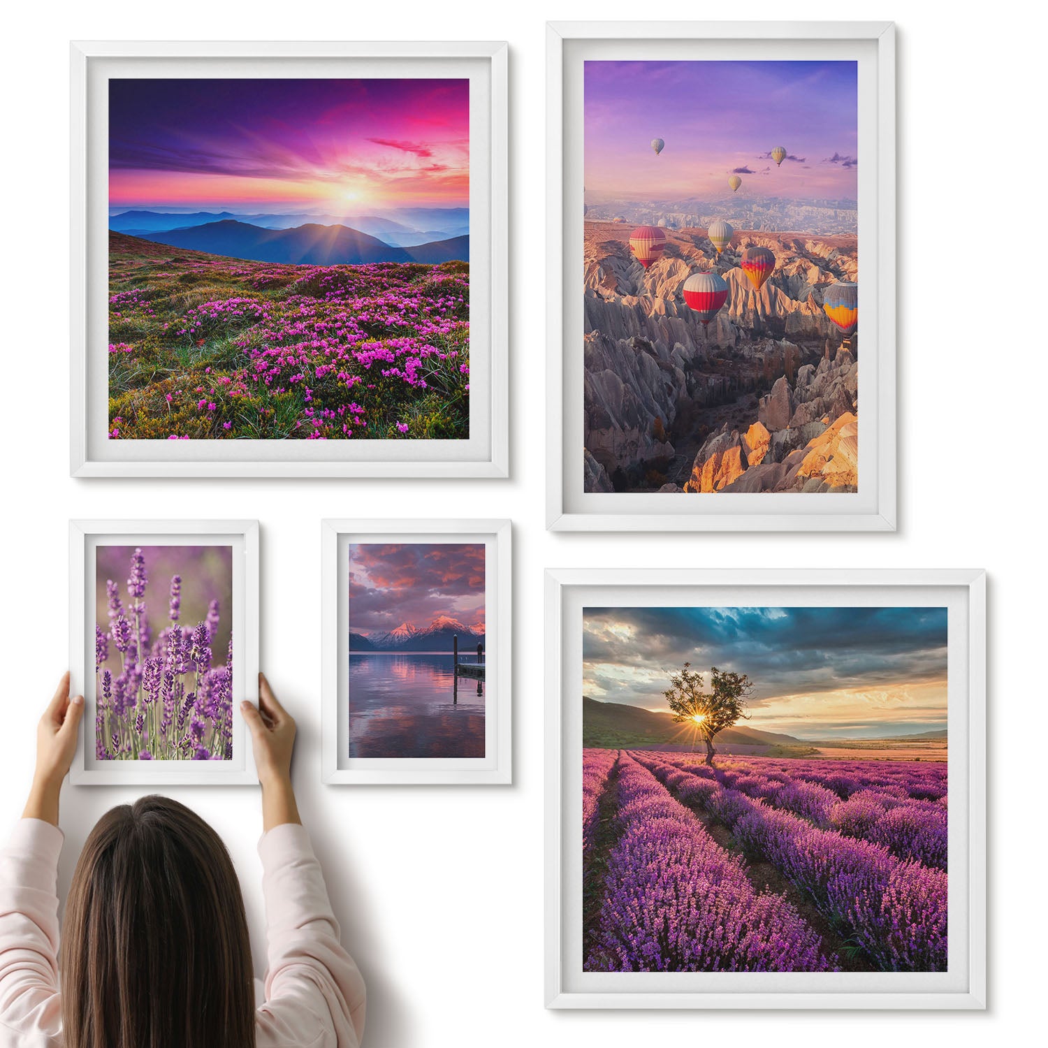 Galeria ścienna 5-częściowy komplet obrazów w białych ramach - Krajobrazy z lawendą i balonami na gorące powietrze - ArtPrintCave