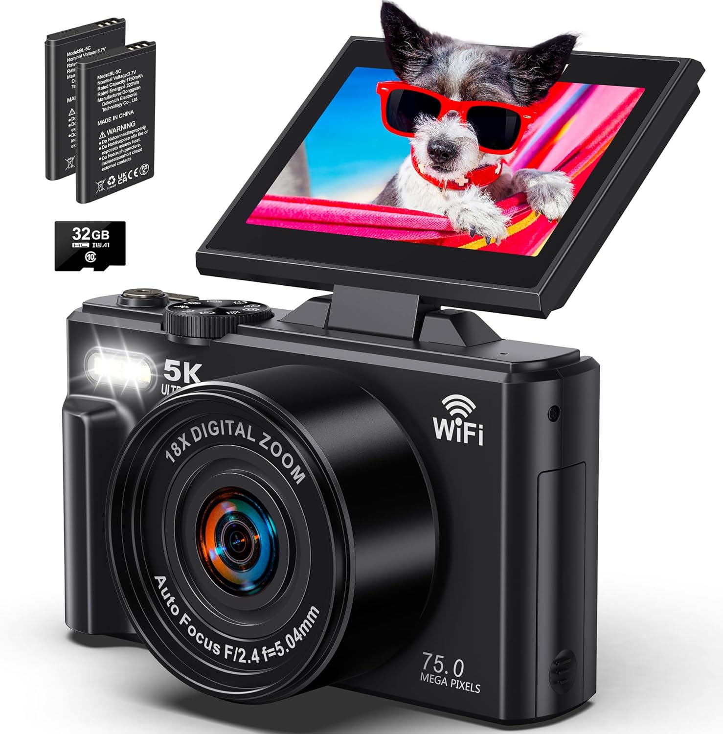 Aparat cyfrowy 5K 75 MP z Wi-Fi, 3-calowym odchylanym ekranem, 18-krotnym zoomem i kartą pamięci 32 GB (czarny)