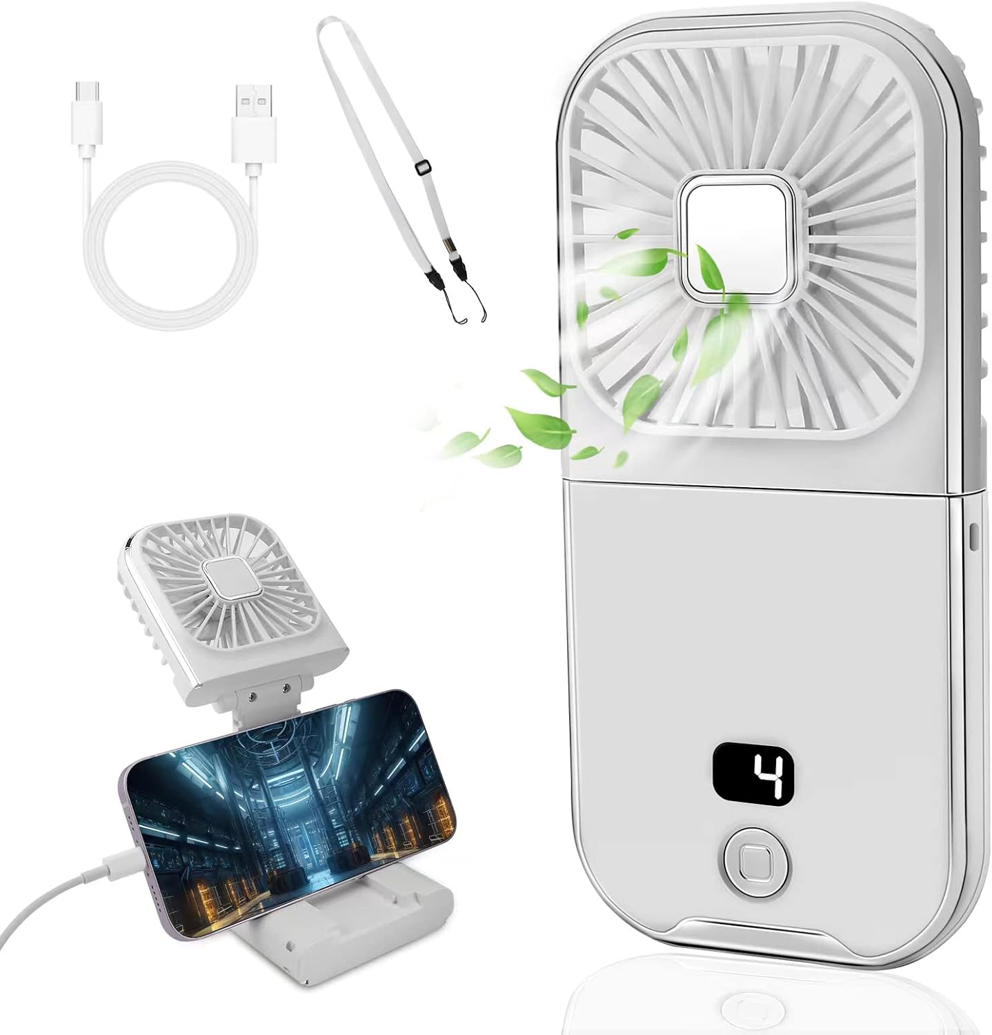 (Biały) Przenośny wentylator, mini przenośny wentylator USB z funkcją power banku, 4 regulowane prędkości, akumulator 3000 mAh, wentylator