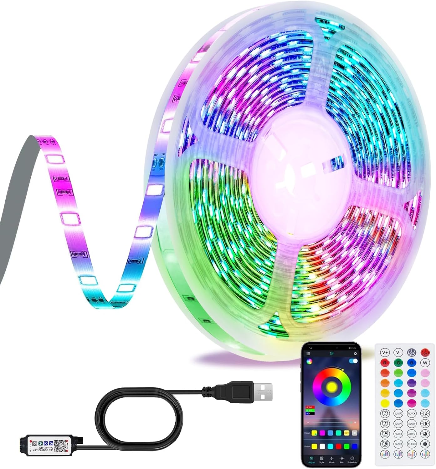 Taśma LED 10M, wielokolorowa taśma świetlna LED RGB, synchronizacja muzyki, tryb timera, aplikacja Bluetooth i pilot zdalnego sterowania, stosowana do