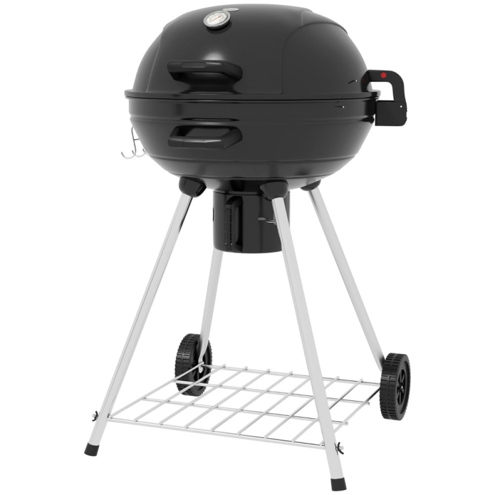 Grill węglowy 54 cm, ruszt do podgrzewania, popielnik, termometr, schowek, kółka – na kemping, do ogrodu, na patio