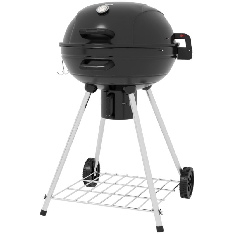 Grill węglowy 54 cm, ruszt do podgrzewania, popielnik, termometr, schowek, kółka – na kemping, do ogrodu, na patio