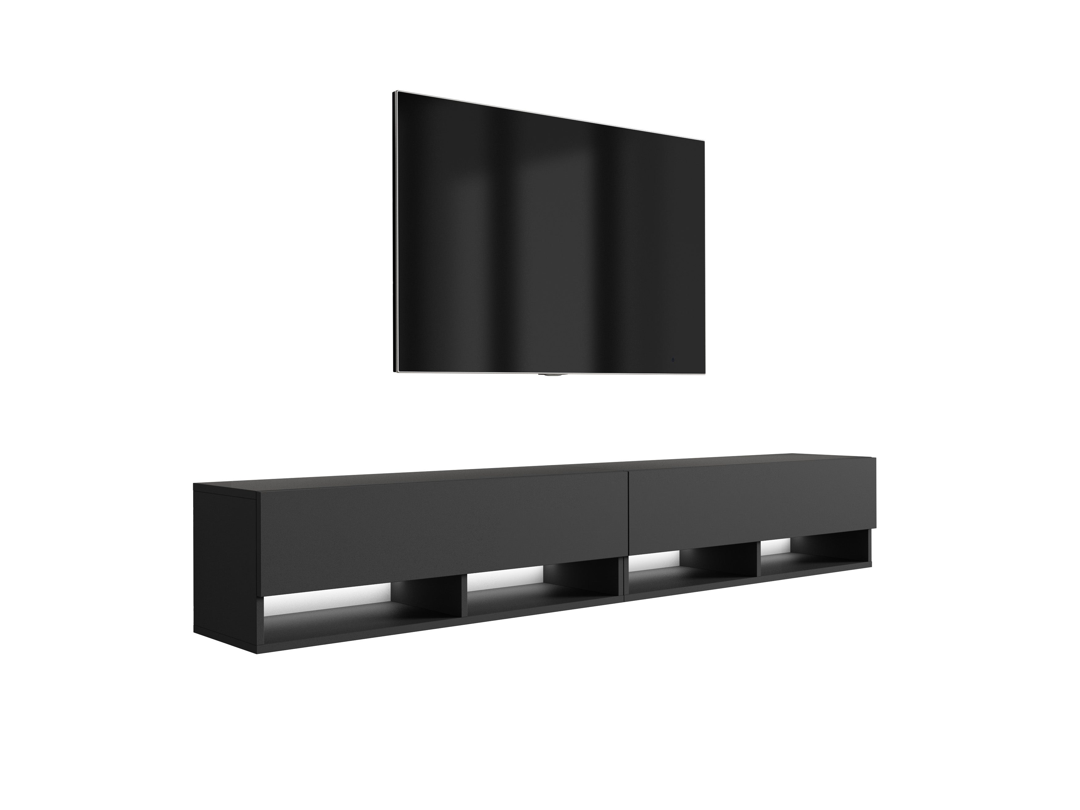 Szafka pod telewizor 200 (2 x 100) cm Czarny Mat, LED biały, 200 × 32 × 34 cm