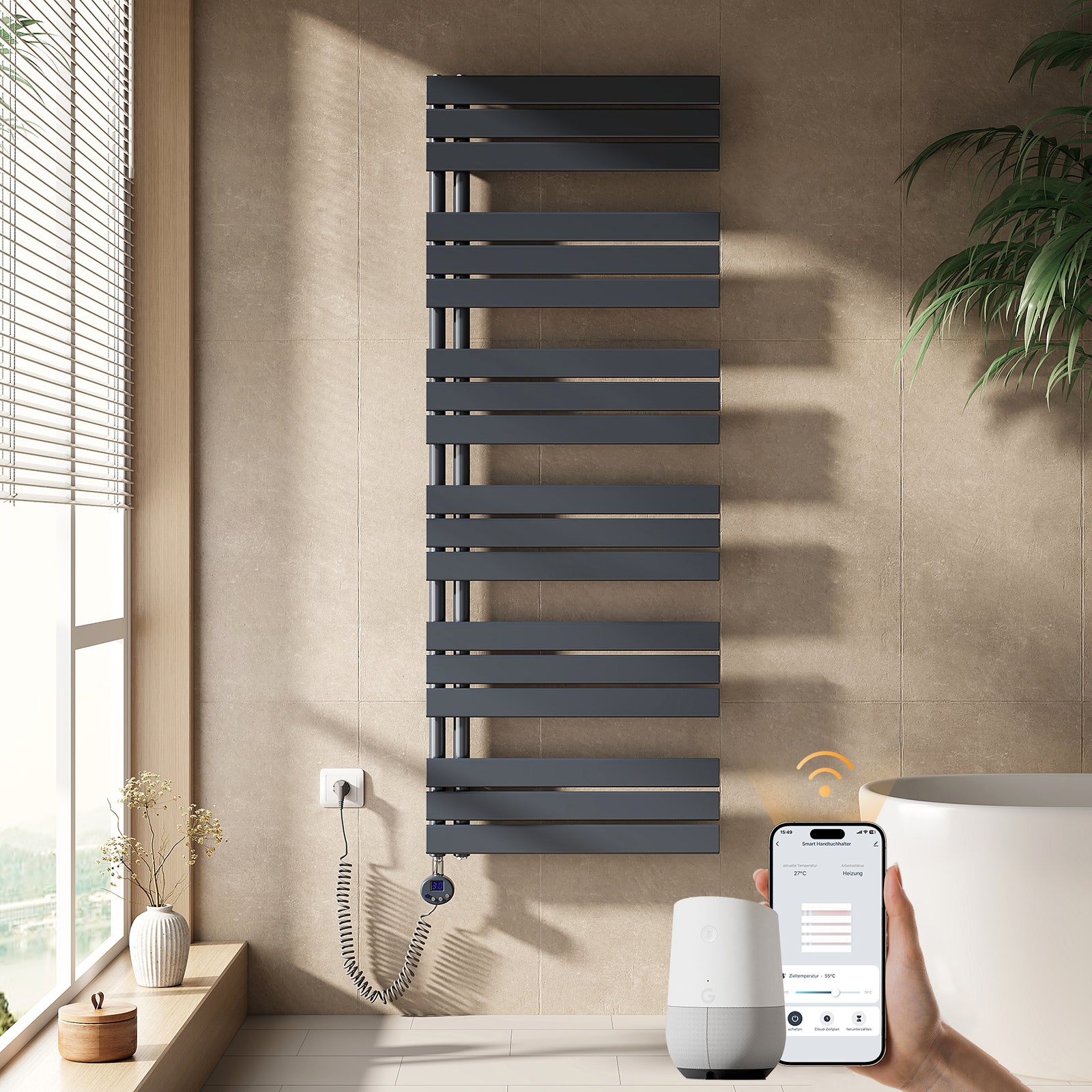 EMKE Grzejnik elektryczny łazienkowy 1000W 159,9x60 cm Antracytowy z termostatem, funkcją Antybakteryjną