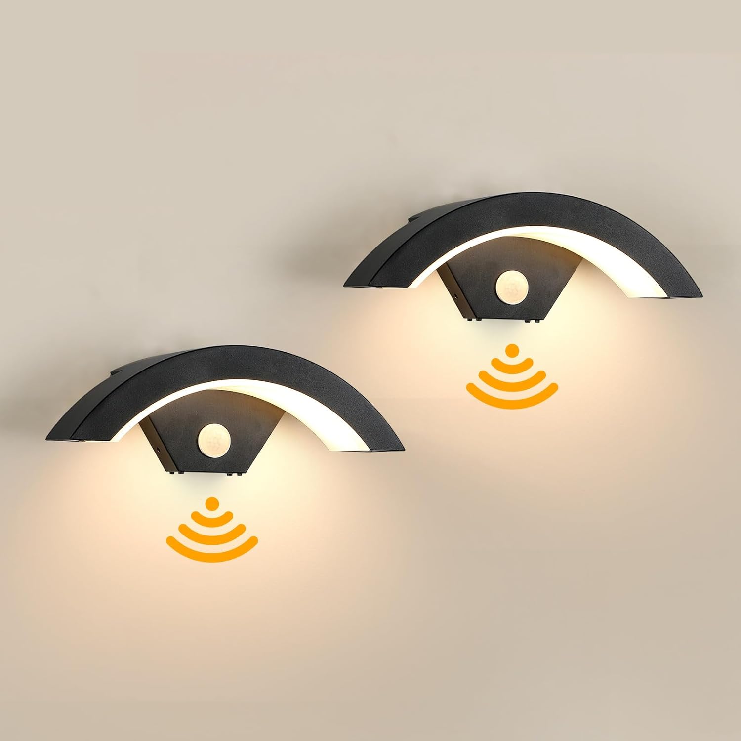 Zestaw 2 zewnętrznych lamp ściennych LED z czujnikiem ruchu, 24 W, nowoczesny design, wodoodporność IP65, ciepłe białe światło.