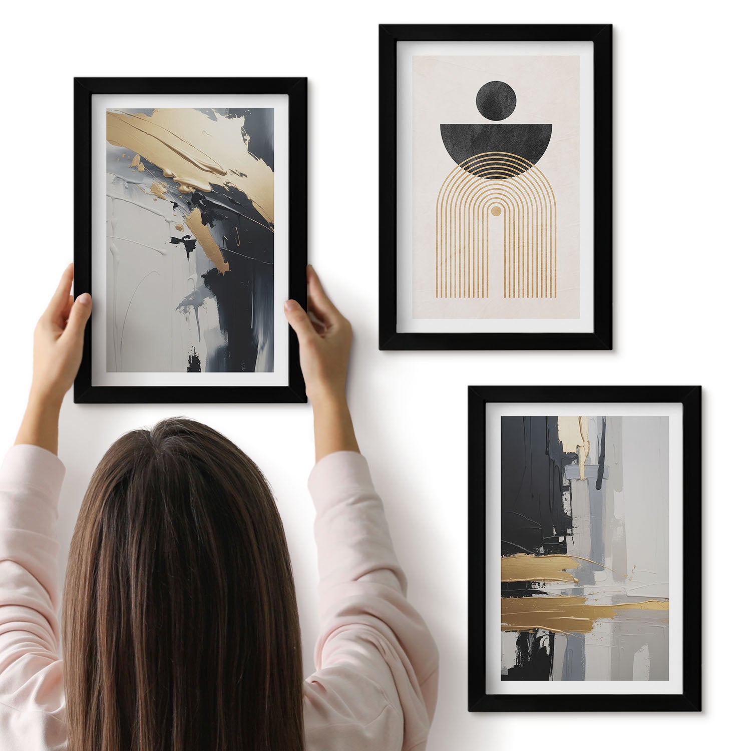 Galeria ścienna 3-częściowy komplet obrazów w czarnych ramach - Geometria abstrakcja elegancka kompozycja - ArtPrintCave