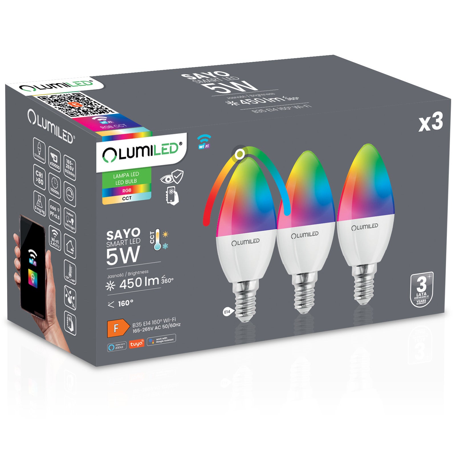 Żarówka LED Lumiled E14 B35 5 W 450 lm RGB Ściemnialna CCT Inteligentna Tuya WiFi Smart 3 szt.