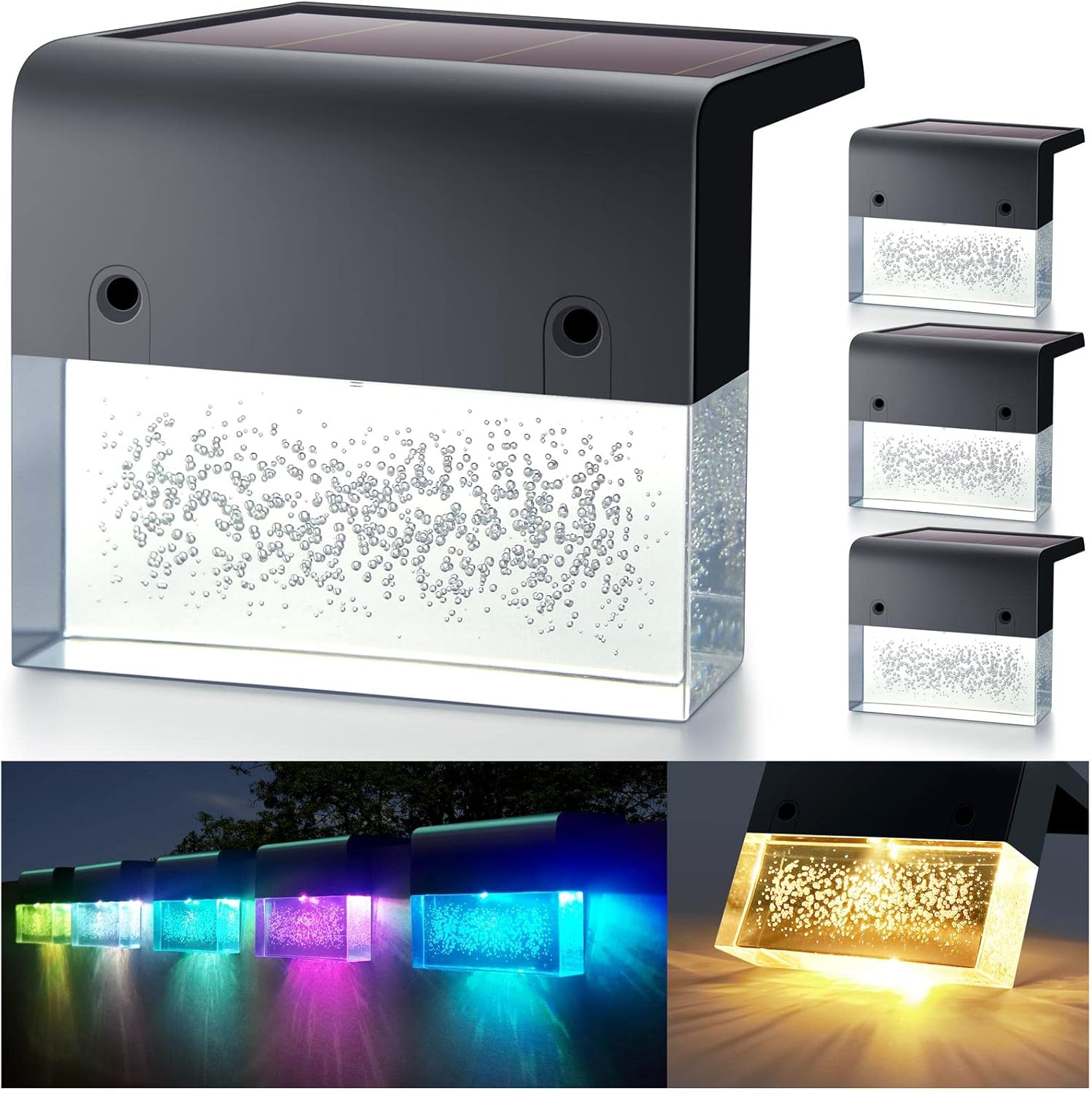 Zestaw 4 lamp solarnych LED do ogrodu, ciepła biel i RGB, wodoodporna dekoracja IP55, idealna do ogrodów i tarasów (prostopadłościan)