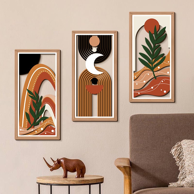 Zestaw 3 dekoracji ściennych – Dekoracja ścienna – Rzeźbiona w 3D kompozycja do zawieszenia (40 x 20 cm) – Styl bohemy