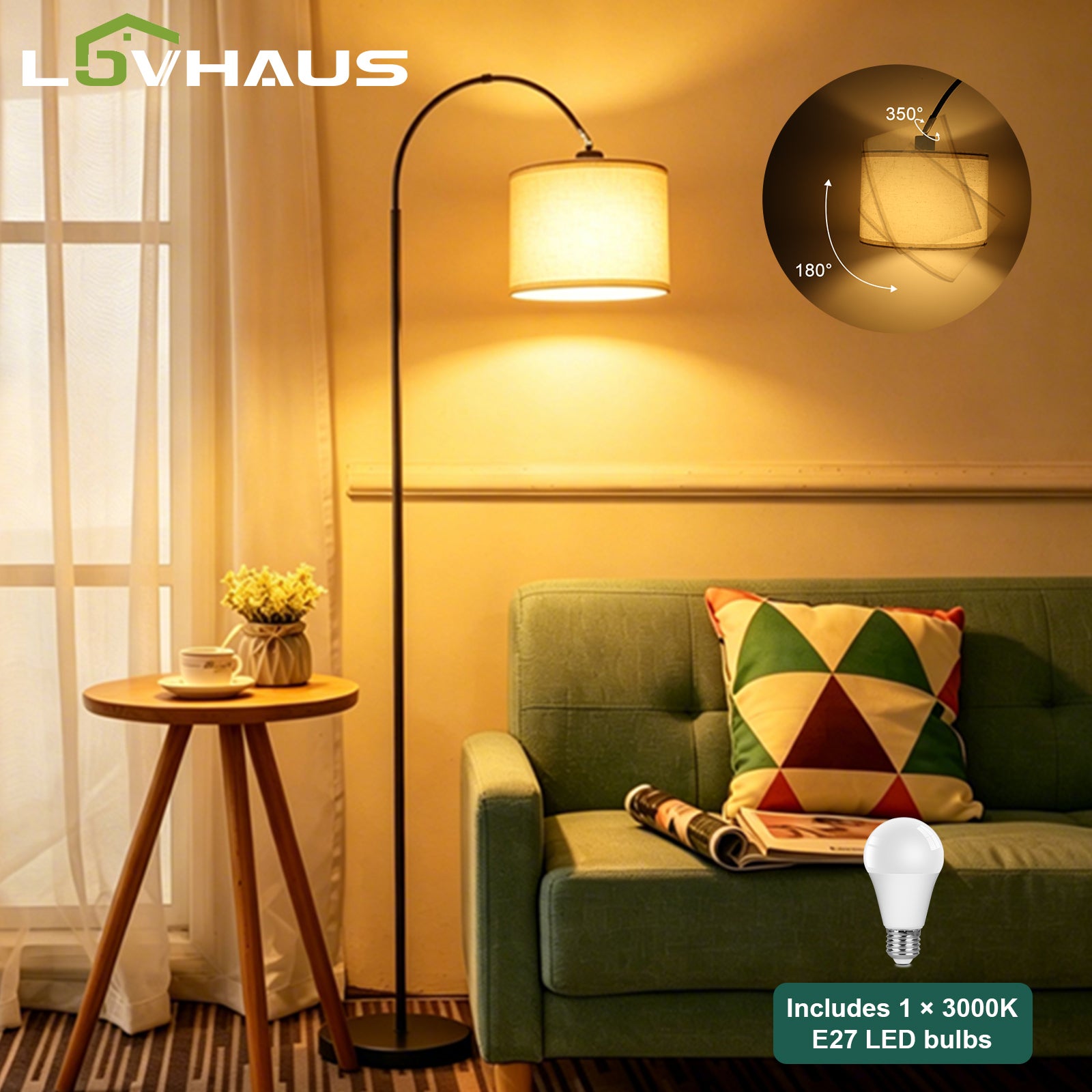 Lampa łukowa LED 170 cm czarna, lampa podłogowa vintage E27, abażur tkanina Ø25 cm, lampka do czytania salon sypialnia, LOVHAUS