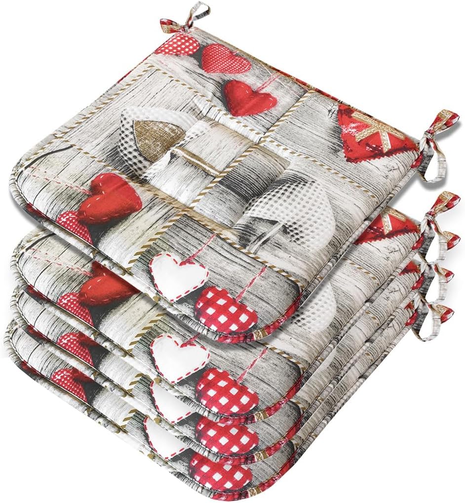 Zestaw 4 Poduszek Na Krzesła Bawełniane Z Wiązaniami Nadające się Do Prania Miękkie Shabby Chic Serca