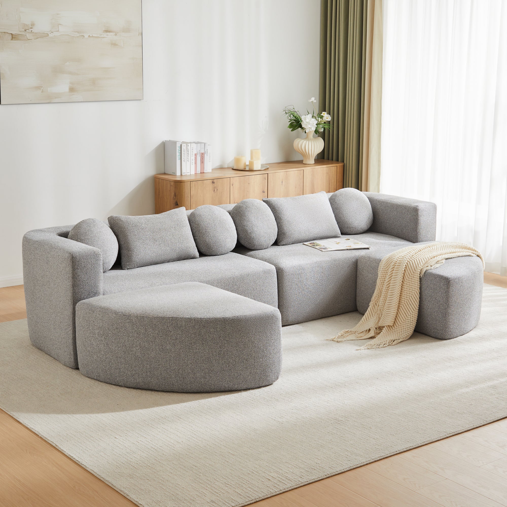 Modułowa sofa z tkaniny szenilowej - z funkcją spania - nie wymaga montażu - kształt rozkładany - szara