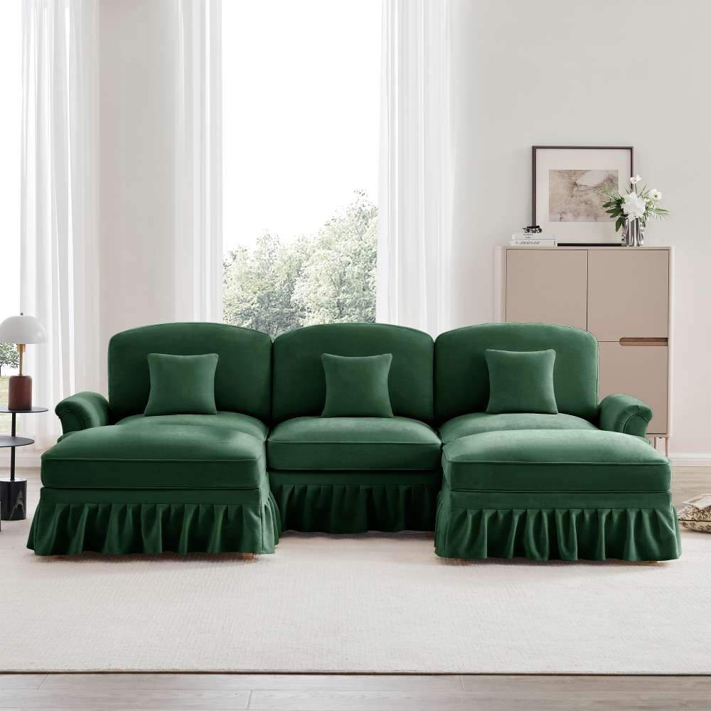 Modułowa sofa w kształcie U z podłokietnikami w kształcie trąbki, zdejmowanym pokrowcem i zwężanymi nóżkami