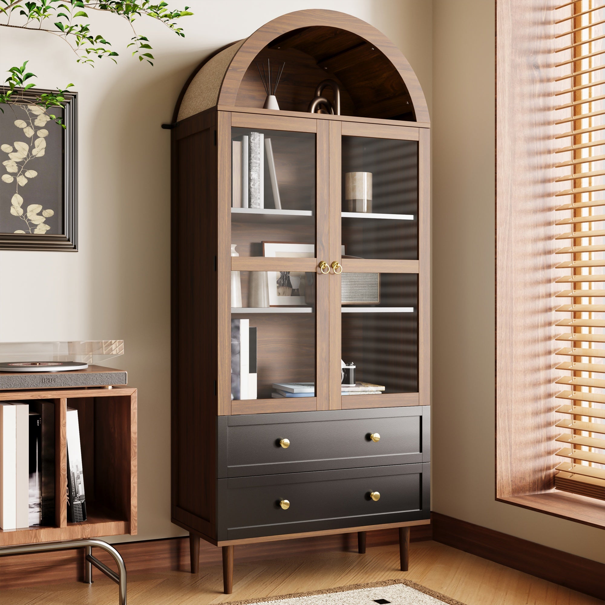 Nowoczesna witryna 70x38x165 cm - 2 szuflady i 2 fronty - z regulowanymi półkami - Zakrzywiony design - MDF - Brązowy
