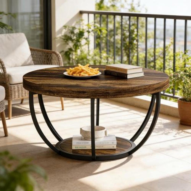 Stolik kawowy 2-poziomowy okrągły drewniany mały stolik boczny Couchtisch z metalową podstawą nowoczesny design do salonu