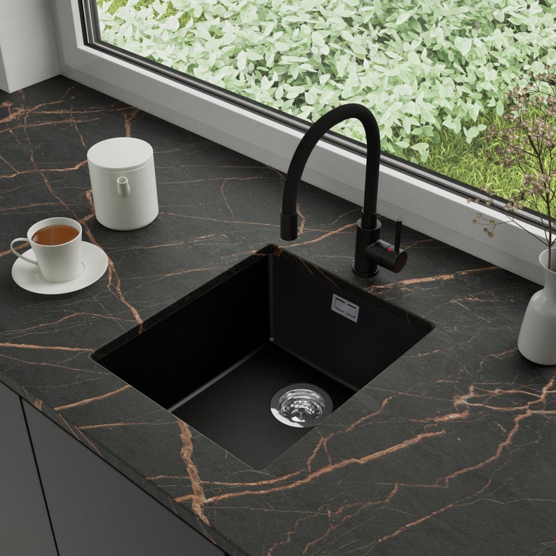Zlewozmywak podblatowy 41x47cm, do szafki od 45cm + Bateria + Syfon - Agate Czarny STONESTYLE