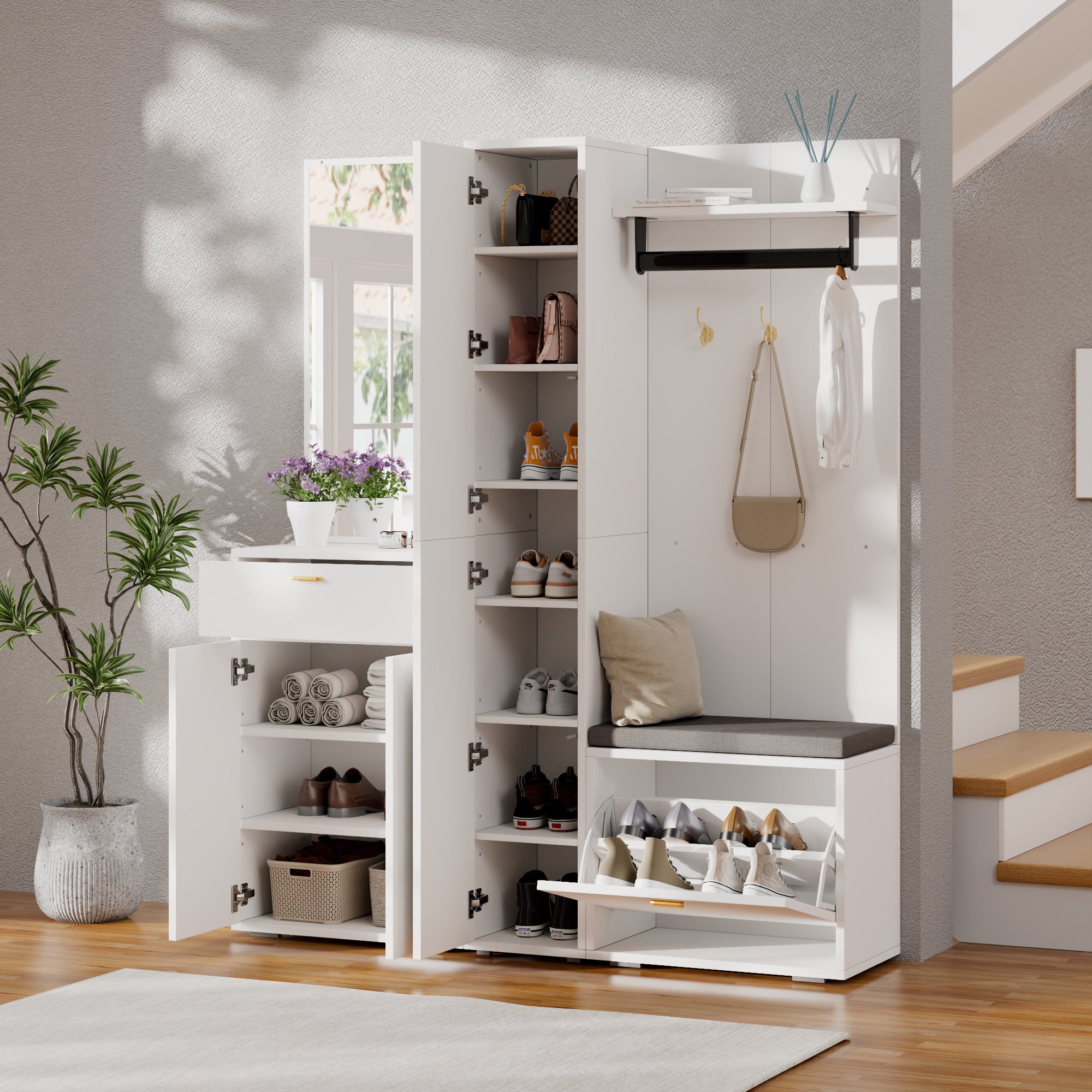 Szafka na buty z lustrem, ławką, drążkiem na wieszaki, 4 drzwiami i 1 szufladą - MDF i płyta wiórowa - 150 x 36 x 180 cm - biała