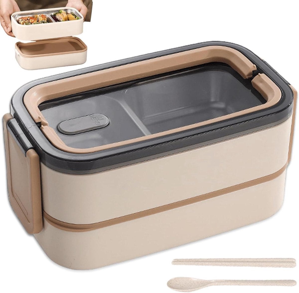 Pojemnik lunch pojemności 1400 ml 2 poziomami przegródkami, szczelny hermetyczny, stali zestaw sztućce, na Bento wykonany ze nierdzewnej, zawiera