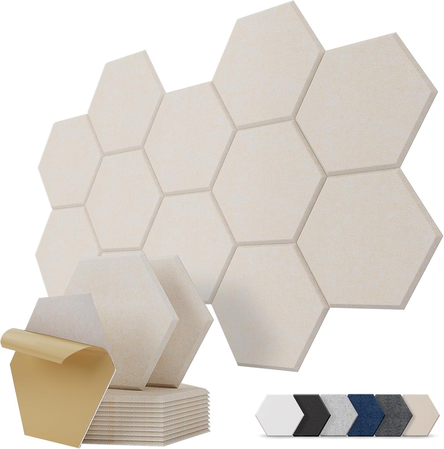 Samoprzylepne panele akustyczne sześciokątne, opakowanie 12 sztuk, panel akustyczny o wysokiej gęstości, 30 x 26 x 0,9 cm, beżowy