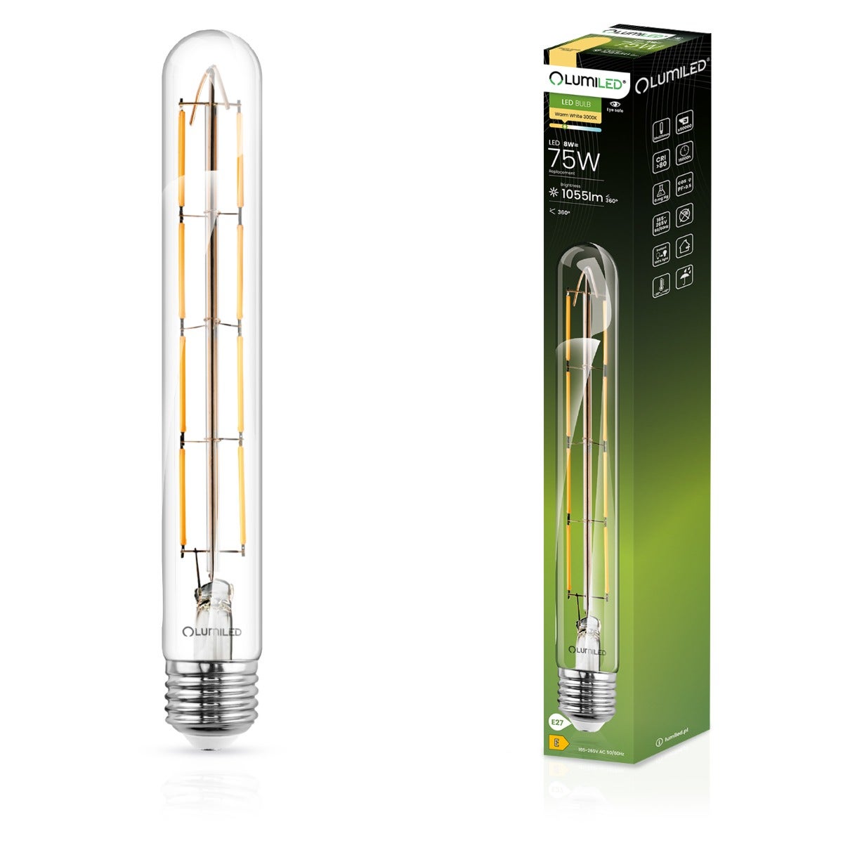 Żarówka LED Lumiled E27 Tubularna T30 8W 1055lm 3000K Ciepła biel 360st Filament 1 szt.