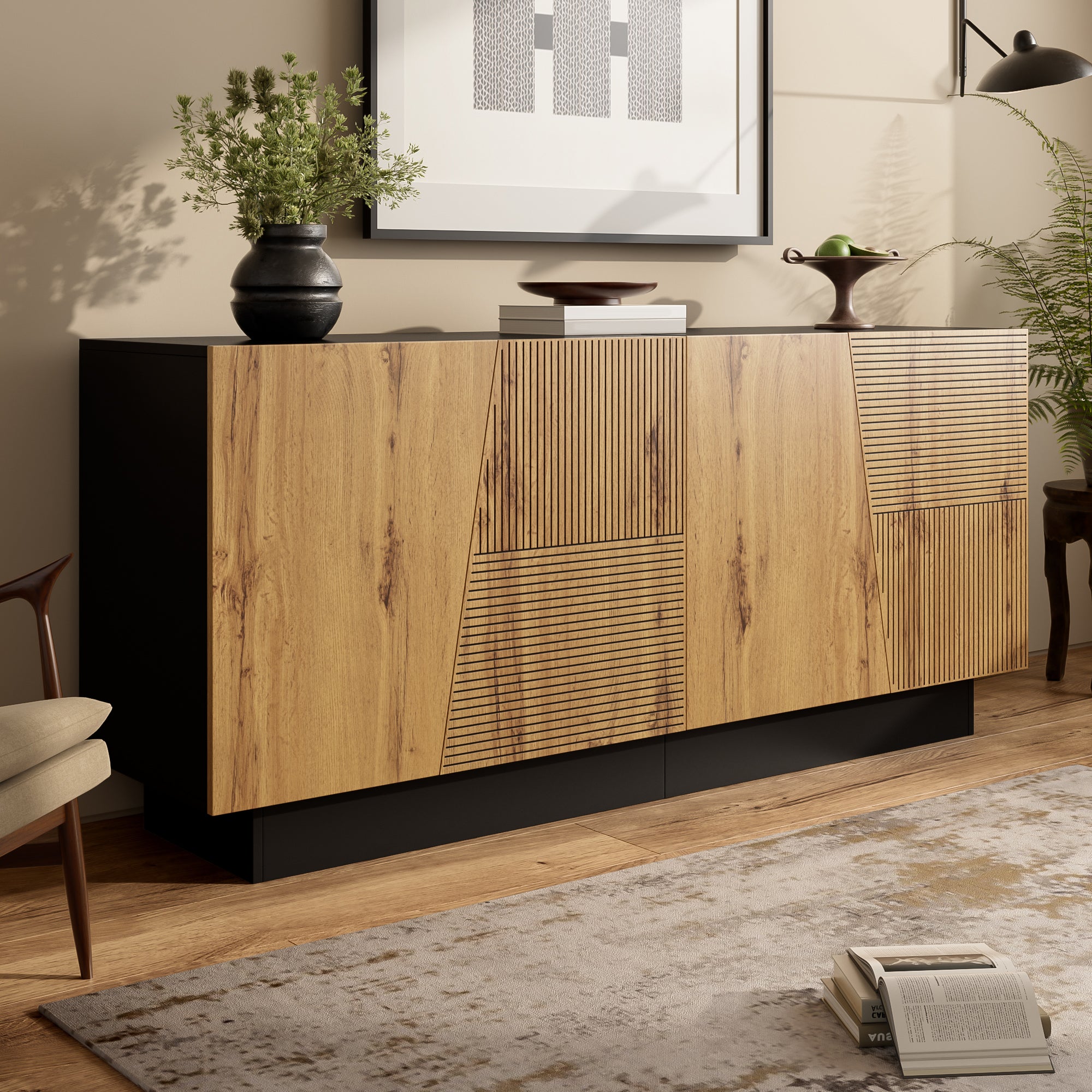 Nowoczesna komoda z 4 drzwiami - 160 x 40 x 72 cm - Płyta wiórowa - Drewno i czerń