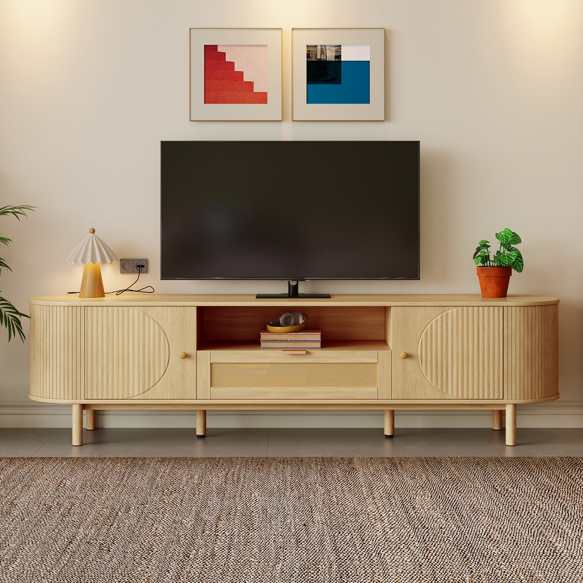 Nowoczesna szafa pod TV 175x36x51 cm - z 2 drzwiami i 1 szufladą z rattanu - otwarte półki - naturalny