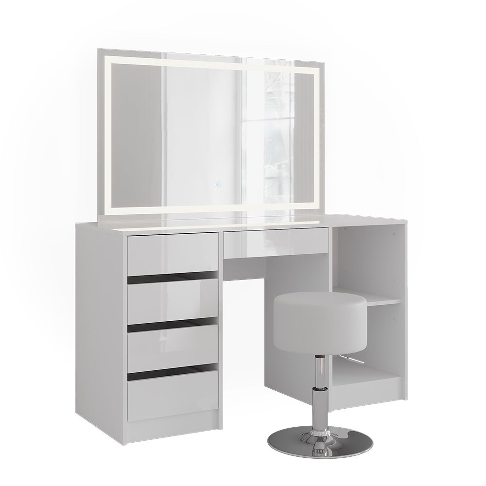 Vicco Stół do toalety Sherry, Biały/Biały wysoki połysk, 128.2 cm z lustrem LED i stołkiem