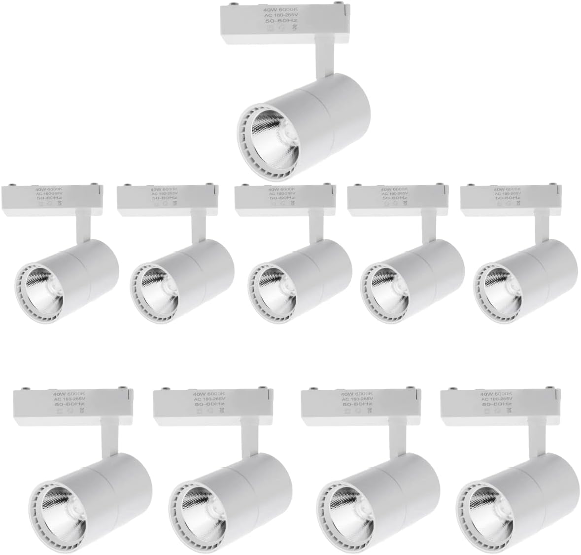 10x Reflektor szynowy LED 40W, chłodne światło 6000K, 2700 lumenów, 220V 50-60Hz jednofazowy, kolor biały