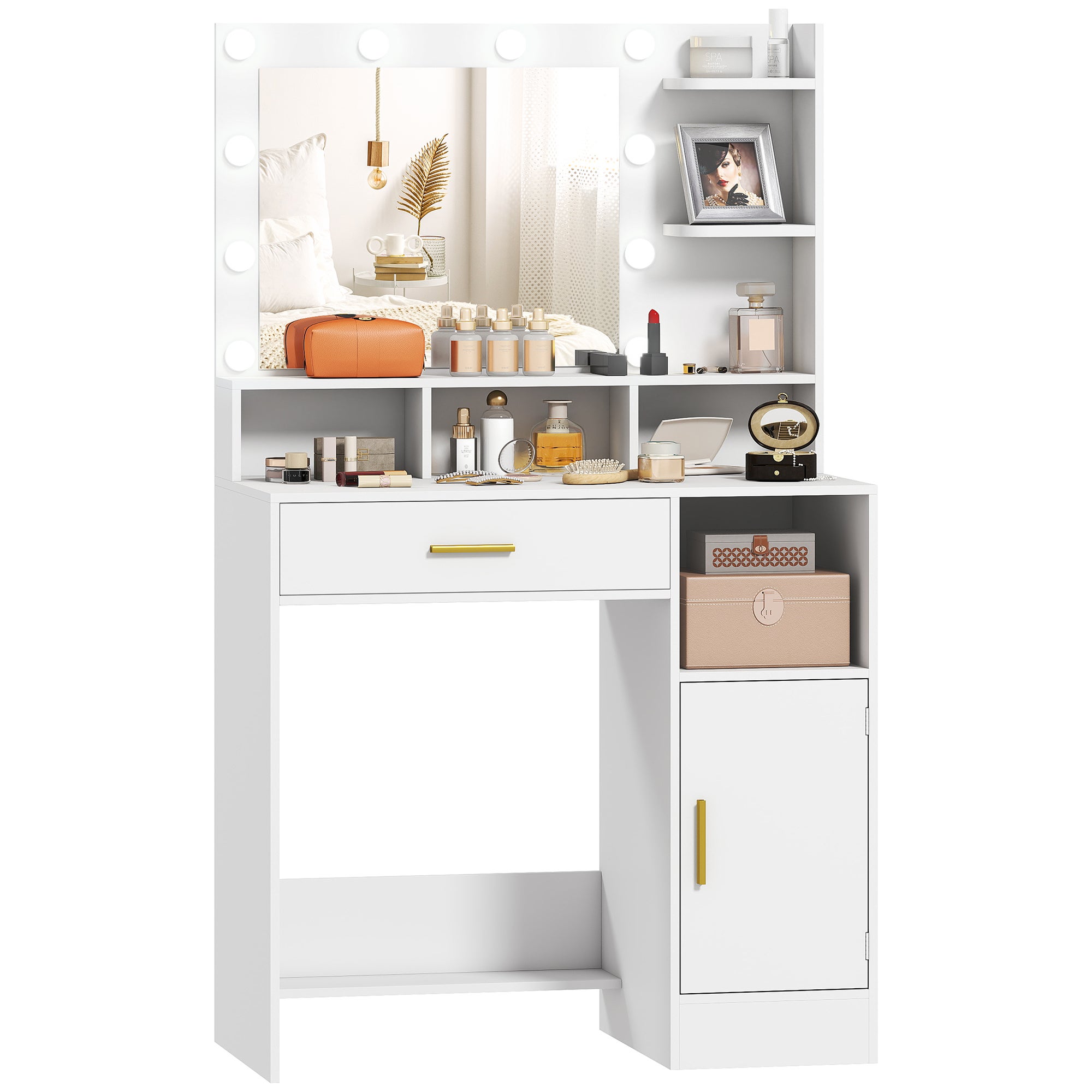 Fotel fryzjerski z lustrem i 10 diodami LED, regulacja jasności, szuflada, szafka i otwarte półki, 80x40x135cm, kolor biały