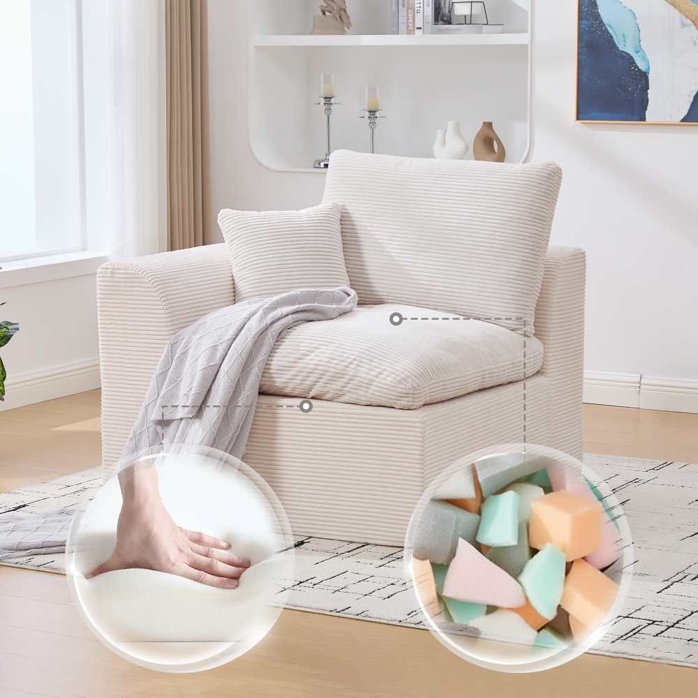 Nowoczesna, minimalistyczna sofa jednoosobowa z poduszkami – wygodna, miękka i trwała, wykonana z wysokiej jakości prążkowanej tkaniny