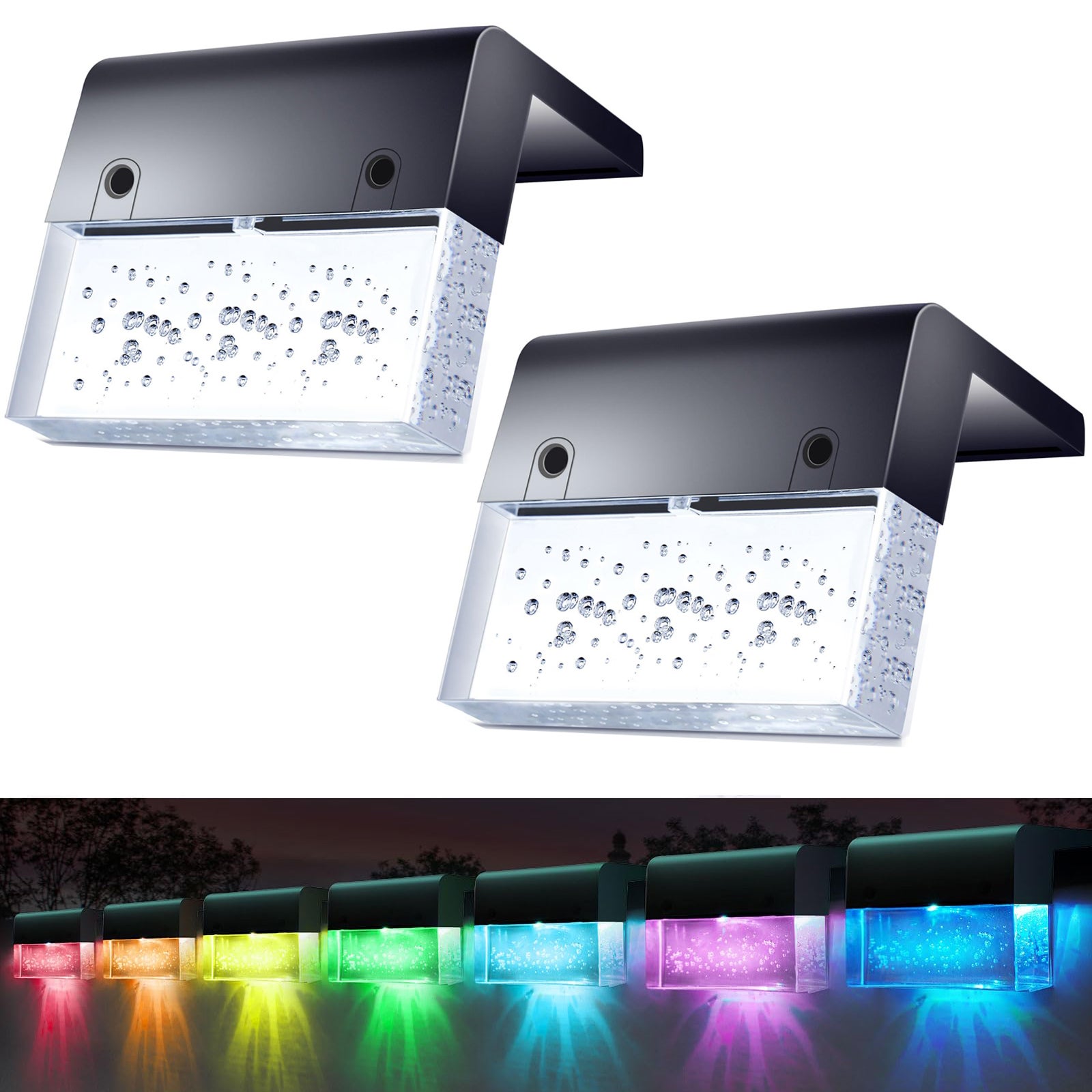 Zewnętrzne lampy solarne, lampy solarne na taras, zestaw 2 lamp solarnych do ogrodzenia, wodoodporne IP44, ciepłe światło RGB +
