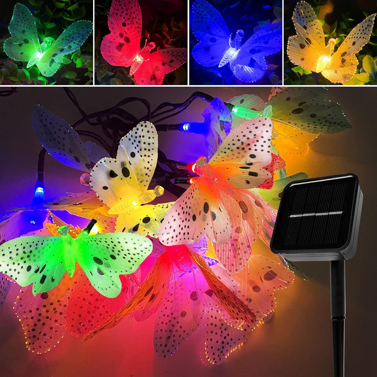 Solarna girlanda świetlna zewnętrzna w kształcie motyla, 12 diod LED, 8 trybów, wodoodporna, wielokolorowa, do ogrodu, tarasu, na imprezę, na Boże Nar