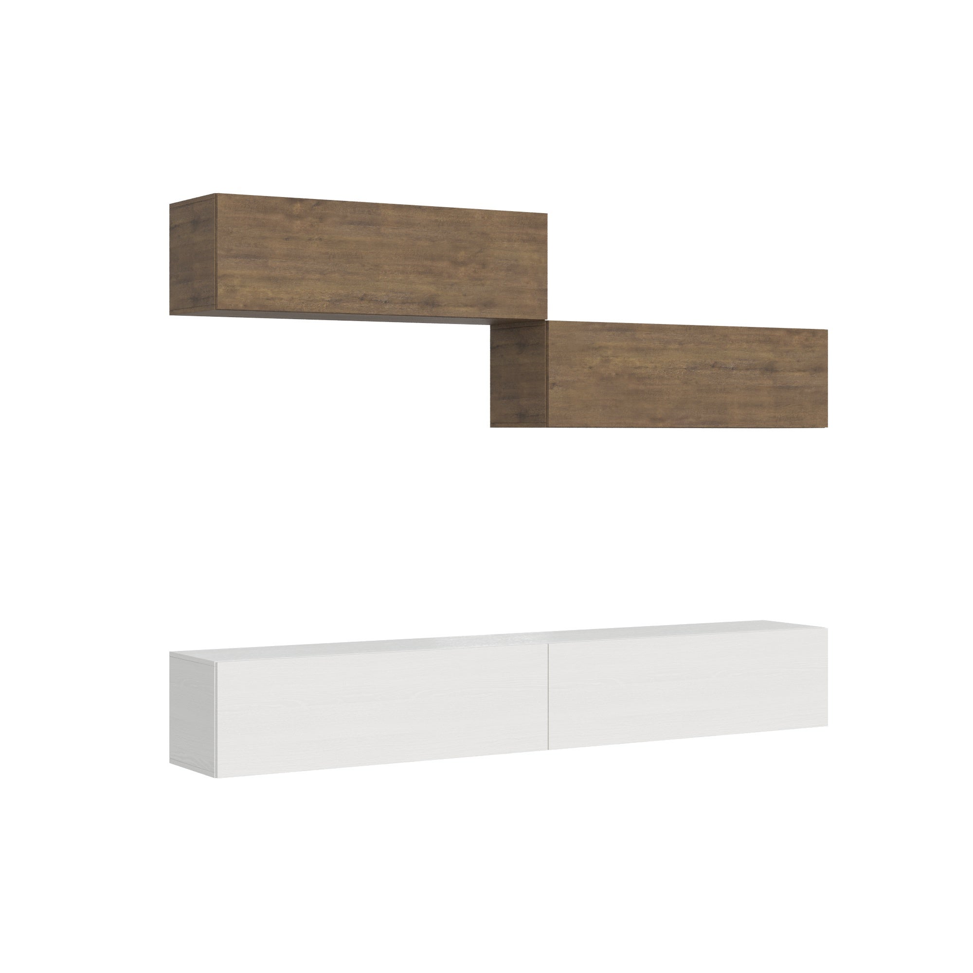 Mueble de pared suspendido de madera moderno, blanco y nogal, modelo A02 (268 x 39,5 cm), para TV y libros.