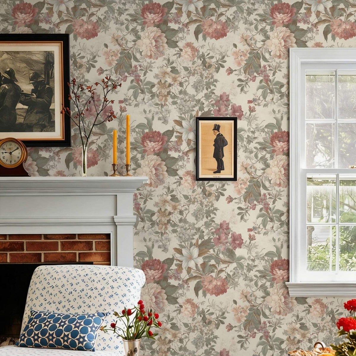 Tapeta w stylu vintage z motywem kwiatowym w stylu akwarelowym – Tapeta dekoracyjna – Tapeta winylowa samoprzylepna (43 x 300 cm)