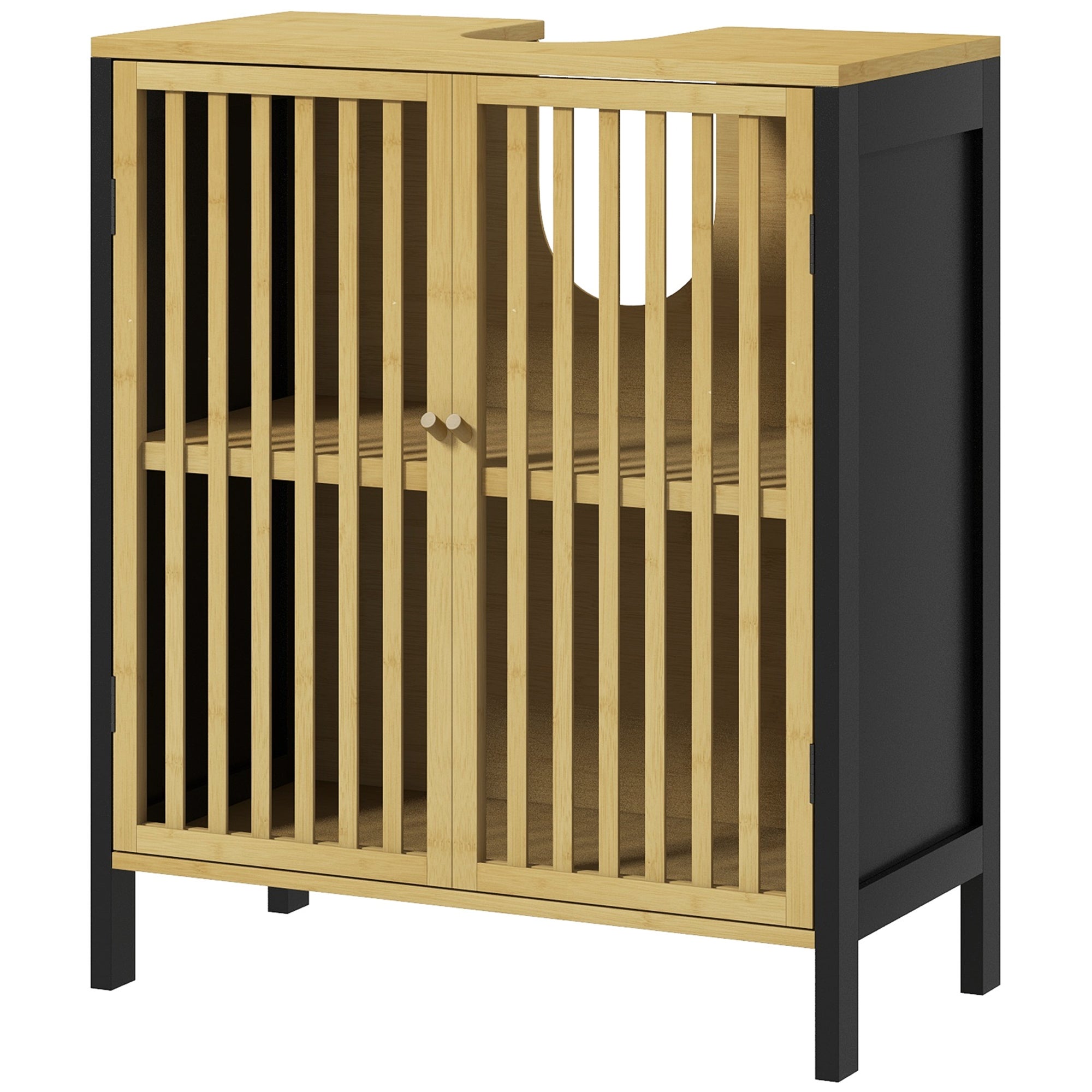 Szafka pod umywalkę 2-drzwiowa z regulowaną półką i szafką pod umywalkę, 60 x 30 x 70 cm, płyta MDF i bambus