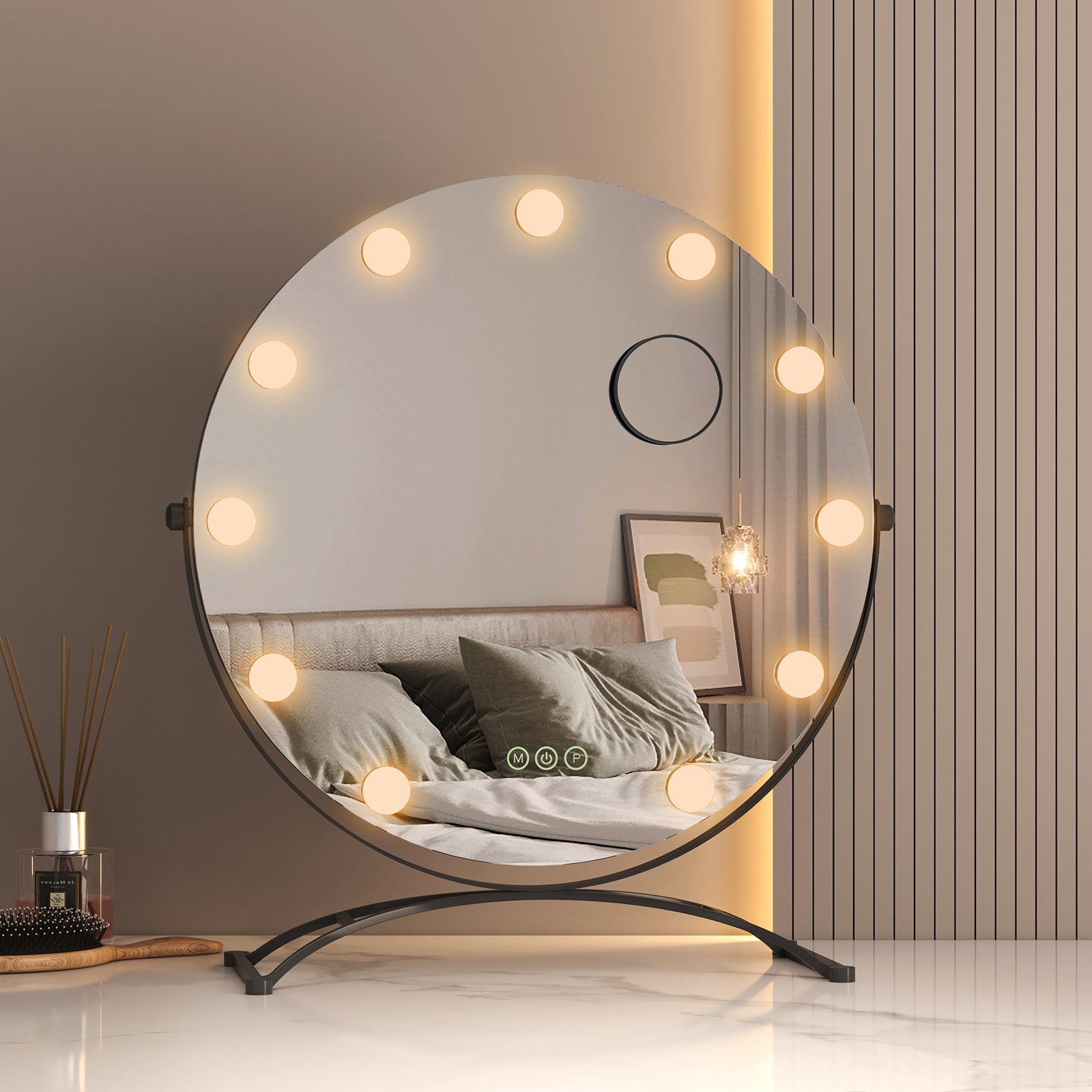 EMKE Lustro do makijażu z 11 LED, 3 kolory światła, powiększenie 7x, obracane o 360°, czarne, 58x50x16 cm