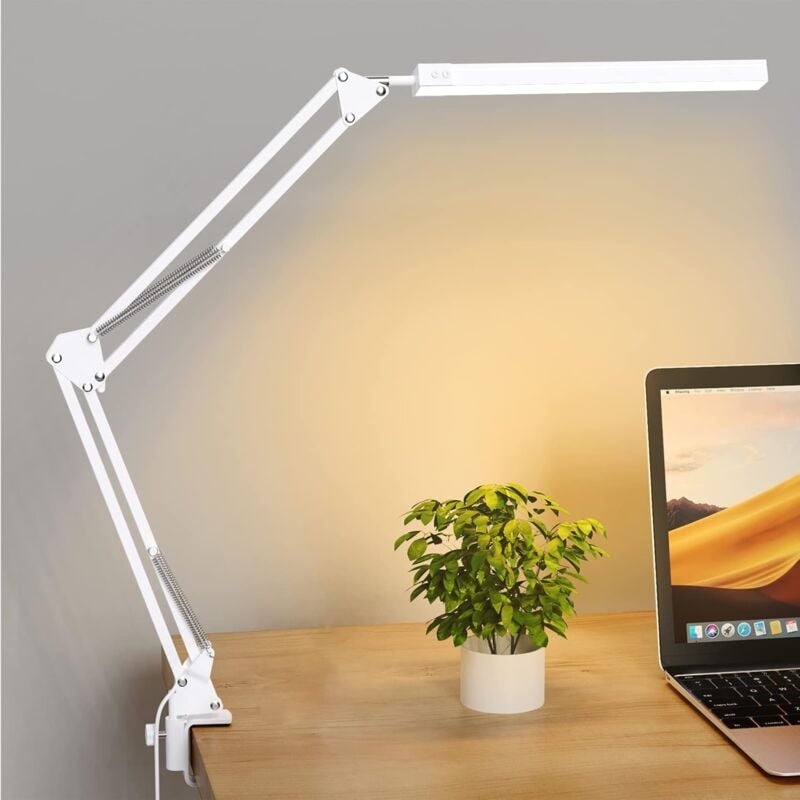 Mocna lampa biurkowa LED z klipsem - Lampa biurkowa LED do ochrony oczu - 3 tryby oświetlenia x 10 poziomów jasności - Biała
