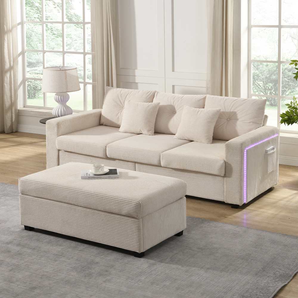 Nowoczesna sofa 3-osobowa z efektem chmury LED + wyjmowany puf XL, modułowa sofa do salonu w kształcie litery L o wysokiej wytrzymałości