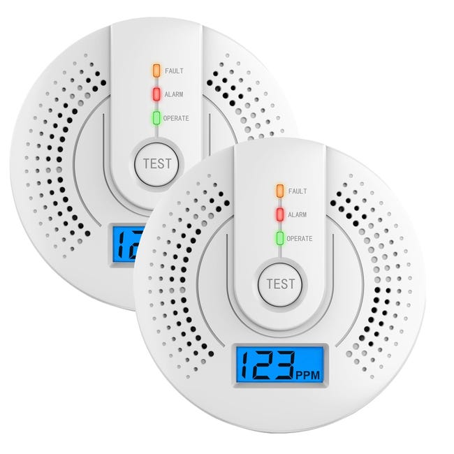 Zestaw 2 detektorów tlenku węgla, alarm tlenku węgla z wyświetlaczem cyfrowym LED i alarmem dźwiękowym, 96 x 31 mm (bez baterii)