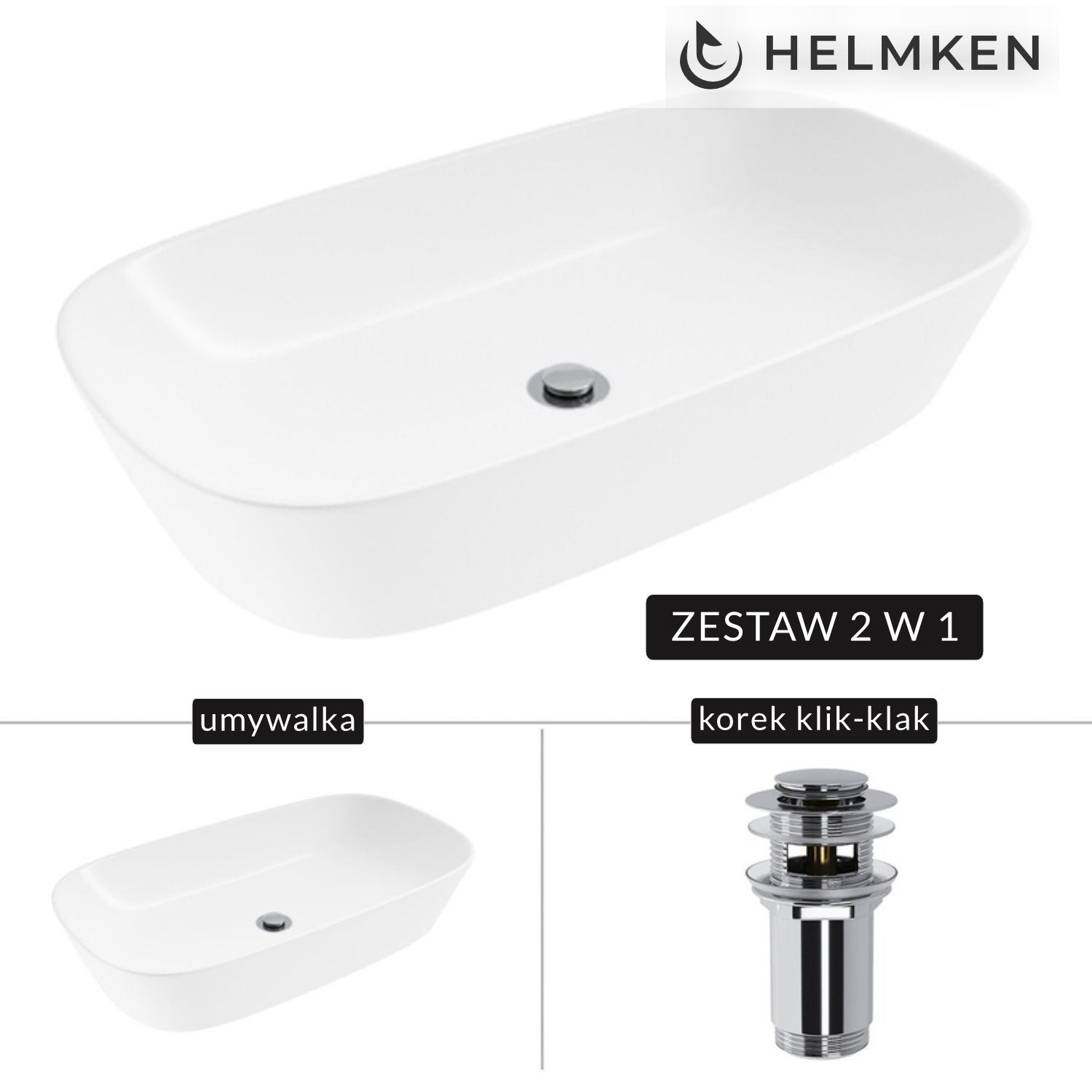 Umywalka nablatowa Helmken 39370000 (70x38) Biała + Korek klik-klak Chrom