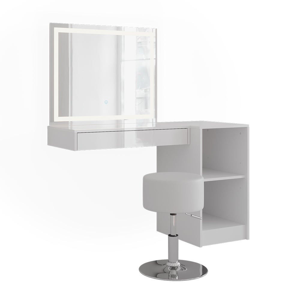 Vicco Stół do toalety Sherry, Biały/Biały wysoki połysk, 120.2 cm z lustrem LED, taboretem i otwartym regałem