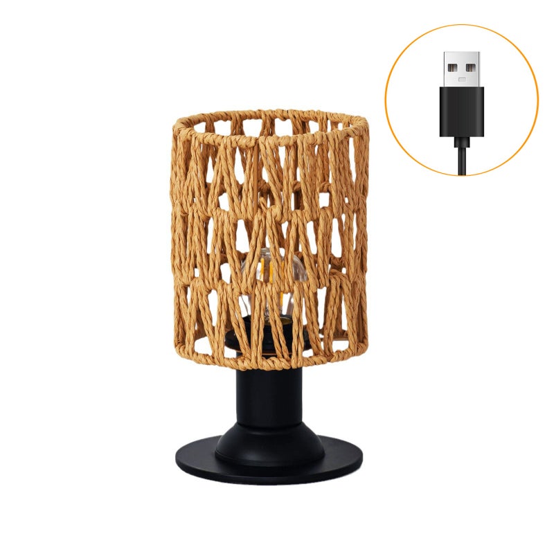 Lampa stołowa USB z plecionego sznurka konopnego (żarówka w zestawie), ściemniacz, do użytku zewnętrznego, na taras, do domu